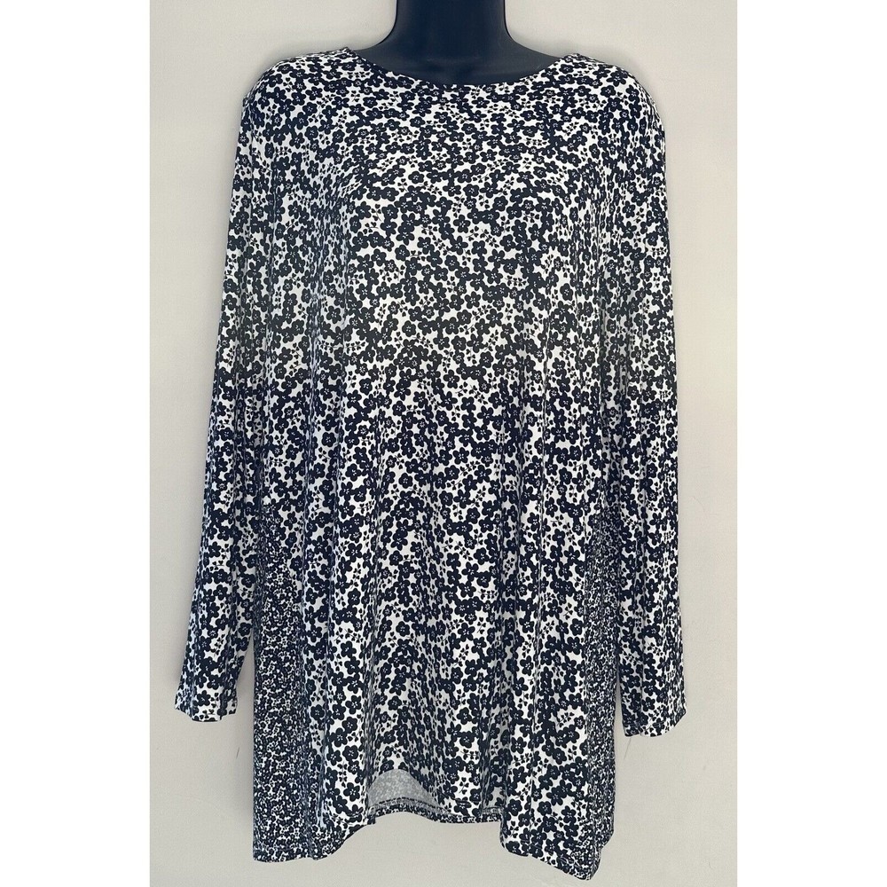 J. Jill Wearever Large Petite Floral Long Sleeve Tunic Tie Back Black/White